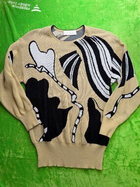 Escada by Margaretha Ley Vtg Cotton Sweater Abstract Bird Print TanWell